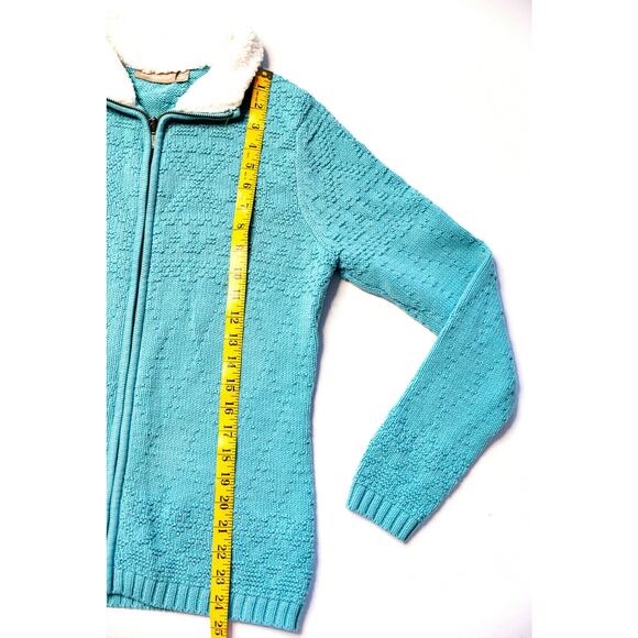 Croft Barrow Sweater Jacket M Teal Sherpa Collar Textured Granny Cottagecore Y2K - Picture 8 of 12
